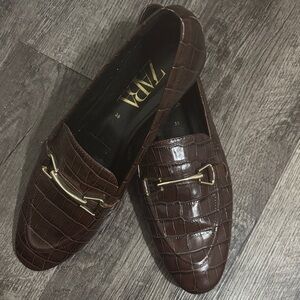 Zara Dark Brown Croc-Embossed Loafers